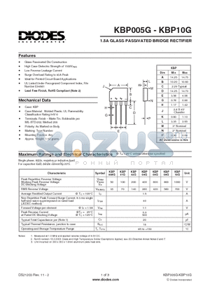 KBP01G-7 datasheet - 1.5A GLASS PASSIVATED BRIDGE RECTIFIER