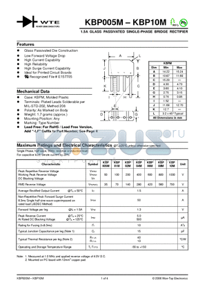 KBP01M datasheet - 1.5A GLASS PASSIVATED SINGLE-PHASE BRIDGE RECTIFIER