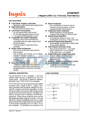 HY29F002TT-70 datasheet - 2 Megabit (256K x 8), 5 Volt-only, Flash Memory