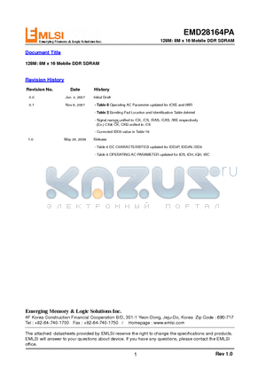 EMD28164PA datasheet - 128M: 8M x 16 Mobile DDR SDRAM