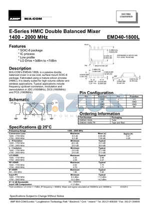 EMD40-1800L datasheet - E-Series HMIC Double Balanced Mixer 1400 - 2000 MHz