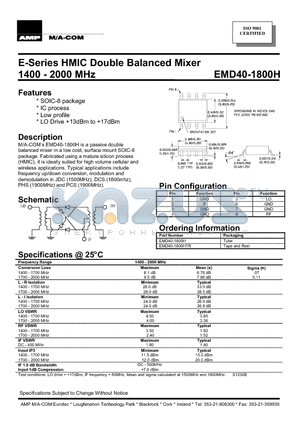 EMD40-1800H datasheet - E-Series HMIC Double Balanced Mixer 1400 - 2000 MHz
