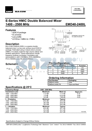 EMD40-2400L datasheet - E-Series HMIC Double Balanced Mixer 1400 - 2500 MHz