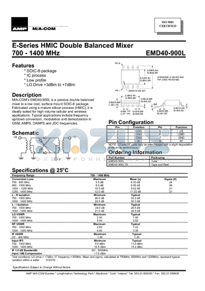 EMD40-900LTR datasheet - E-Series HMIC Double Balanced Mixer 700 - 1400 MHz