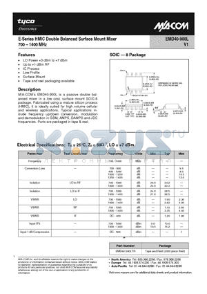 EMD40-900L_1 datasheet - E-Series HMIC Double Balanced Surface Mount Mixer 700 - 1400 MHz