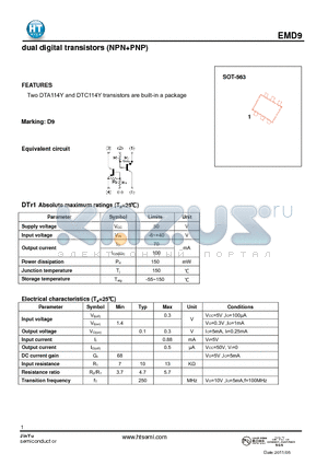 EMD9 datasheet - dual digital transistors (NPN PNP)