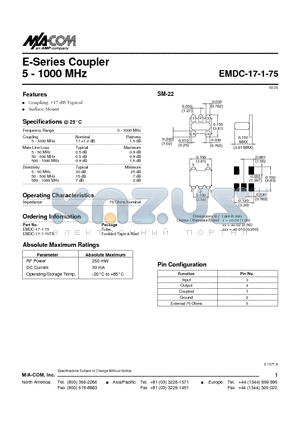 EMDC-17-1-75 datasheet - E-Series Coupler 5 - 1000 MHz