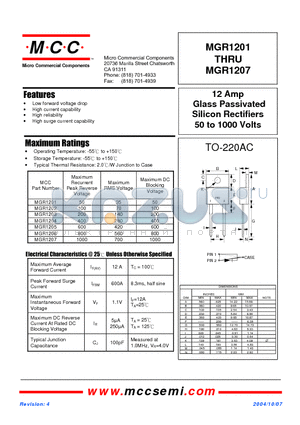 MGR1201 datasheet - 12 Amp Glass Passivated Silicon Rectifiers 50 to 1000 Volts
