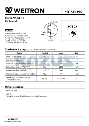 MGSF1P02 datasheet - Power MOSFET P-Channel