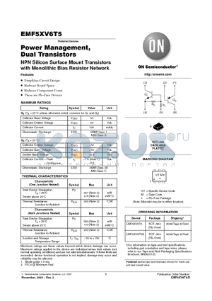 EMF5XV6T5 datasheet - Power Management, Dual Transistors NPN Silicon Surface Mount Transistors with Monolithic Bias Resistor Network