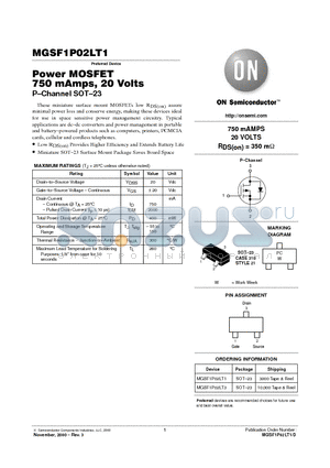 MGSF1P02LT3 datasheet - Power MOSFET 750 mAmps, 20 Volts