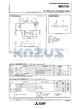 M57747 datasheet - 144-148MHz, 12.5V, 13W, FM MOBILE RADIO