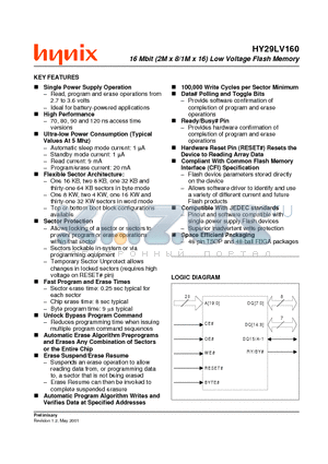 HY29LV160BF-70 datasheet - 16 Mbit (2M x 8/1M x 16) Low Voltage Flash Memory