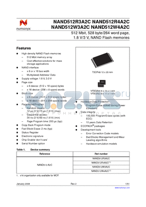 NAND512R3A2C datasheet - 512 Mbit, 528 Byte/264 Word Page, 1.8V/3V, NAND Flash Memories