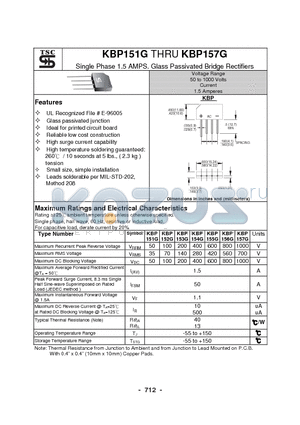 KBP153G datasheet - Single Phase 1.5 AMPS. Glass Passivated Bridge Rectifiers