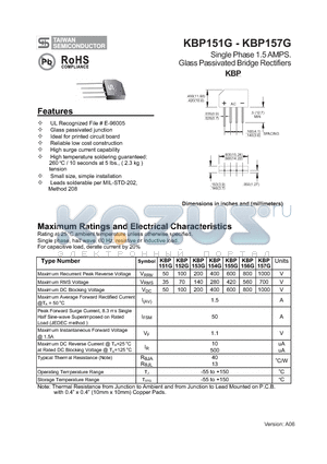 KBP153G datasheet - Single Phase 1.5 AMPS. Glass Passivated Bridge Rectifiers