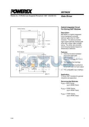 M57962K datasheet - Hybrid Integrated Circuit For Driving IGBT Modules