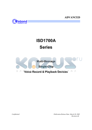 ISD1740A datasheet - Multi-Message Single-Chip Voice Record&Playback Devices