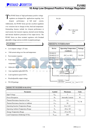 PJ1082 datasheet - 10 Amp Low Dropout Positive Voltage Regulator