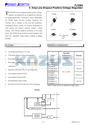 PJ1084CM datasheet - 5 Amp Low Dropout Positive Voltage Regulator