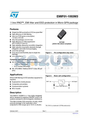 EMIF01-1003M3 datasheet - 1 line IPAD, EMI filter and ESD protection in Micro QFN package