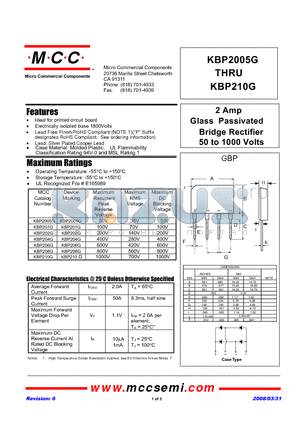 KBP2005G datasheet - 2 Amp Glass Passivated Bridge Rectifier 50 to 1000 Volts