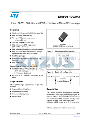 EMIF01-1003M3_10 datasheet - 1 line IPAD, EMI filter and ESD protection in Micro QFN package