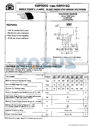 KBP200G datasheet - SINGLE PHASE 2.0 AMPS. GLASS PASSIVATED BRIDGE RECTIFIERS