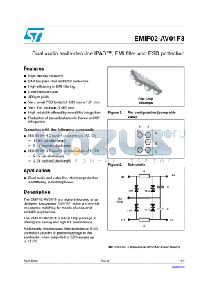 EMIF02-AV01F3 datasheet - Dual audio and video line IPAD, EMI filter and ESD protection