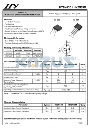 HY2N65D datasheet - 650V / 2A N-Channel Enhancement Mode MOSFET