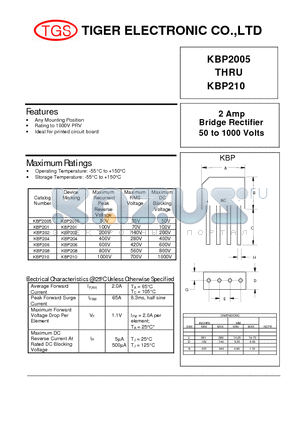 KBP201 datasheet - 2 Amp Bridge Rectifier 50 to 1000 Volts