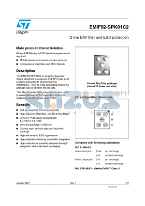 EMIF02-SPK01C2 datasheet - 2 line EMI filter and ESD protection