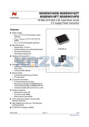 M58BW016DT datasheet - 16 Mbit (512 Kbit x 32, boot block, burst) 3 V supply Flash memories