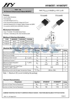 HY4N70T datasheet - 700V / 4A N-Channel Enhancement Mode MOSFET