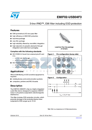 EMIF02-USB04F3 datasheet - 3-line IPAD, EMI filter including ESD protection