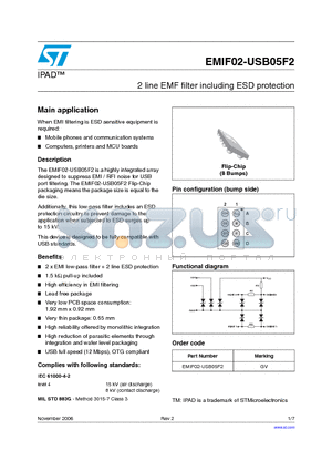EMIF02-USB05F2 datasheet - 2 line EMF filter including ESD protection