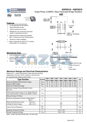 KBP201G_11 datasheet - Single Phase 2.0 AMPS Glass Passivated Bridge Rectifiers