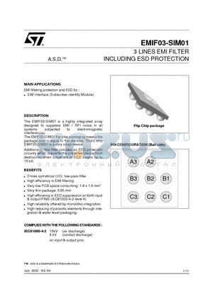 EMIF03-SIM01 datasheet - 003 LINES EMI FILTER INCLUDING ESD PROTECTION