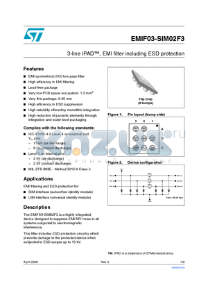 EMIF03-SIM02F3 datasheet - 3-line IPAD, EMI filter including ESD protection