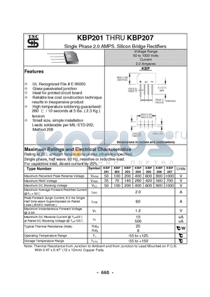 KBP202 datasheet - Single Phase 2.0 AMPS. Silicon Bridge Rectifiers