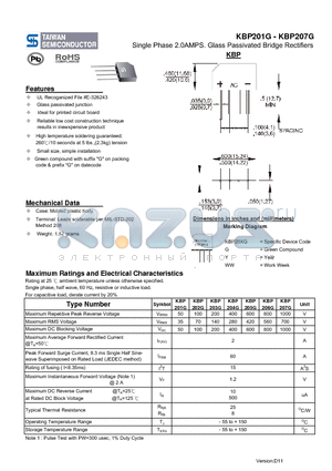 KBP201G datasheet - Single Phase 2.0 AMPS Glass Passivated Bridge Rectifiers