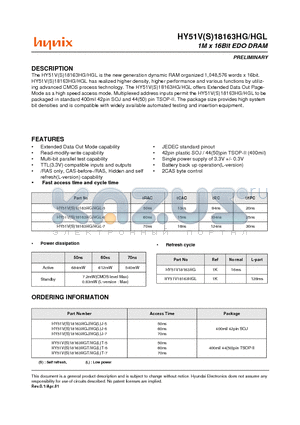 HY51V18163HGJ-6 datasheet - 1M x 16Bit EDO DRAM