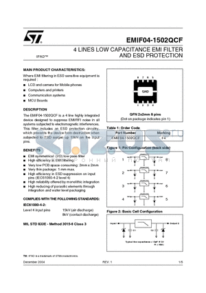 EMIF04-1502QCF datasheet - 4 LINES LOW CAPACITANCE EMI FILTER AND ESD PROTECTION