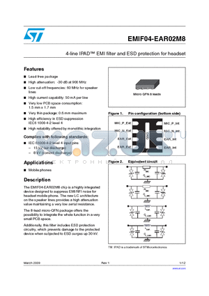 EMIF04-EAR02M8 datasheet - 4-line IPAD EMI filter and ESD protection for headset