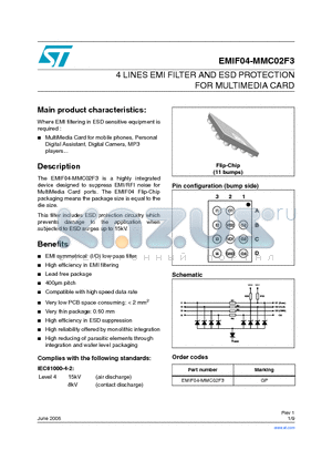 EMIF04-MMC02F3 datasheet - 4 LINES EMI FILTER AND ESD PROTECTION FOR MULTIMEDIA CARD