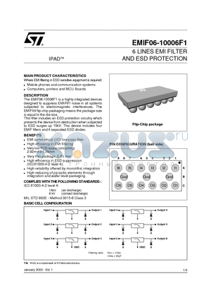 EMIF06-10006F1 datasheet - 6 LINES EMI FILTER AND ESD PROTECTION