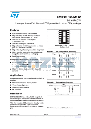 EMIF06-1005M12 datasheet - 6-line IPAD low capacitance EMI filter and ESD protection in micro QFN package