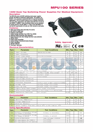 MPU100-203 datasheet - 100W Desk Top Switching Power Supplies For Medical Equipment