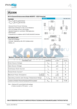 PJ2306 datasheet - 30V N-Channel Enhancement Mode MOSFET - ESD Protected