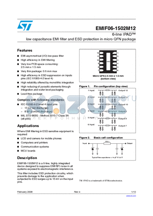 EMIF06-1502M12 datasheet - 6-line IPAD low capacitance EMI filter and ESD protection in micro QFN package